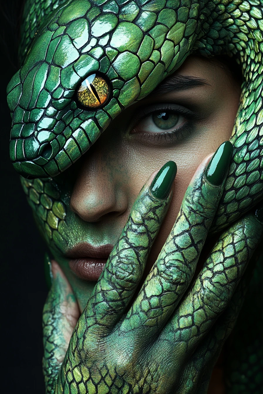 Coiled Snake Body Art Across A Human Face In Shadow