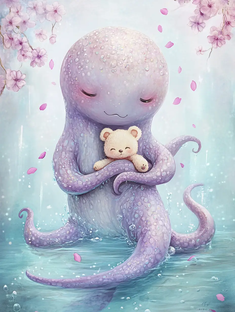 Tiny pastel kraken cuddling a teddy bear in shallow water