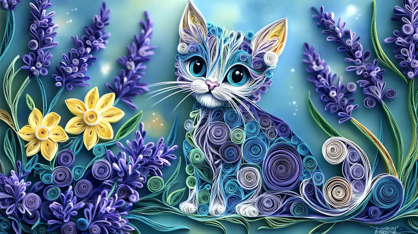 Gatto fiabesco in quilling di carta accanto a lavanda in fiore