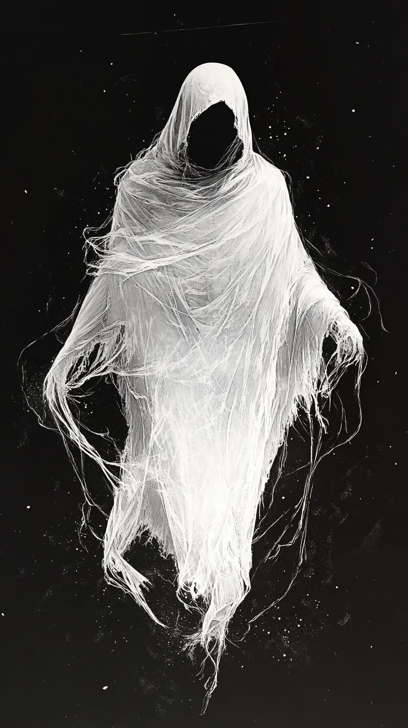 Hooded Figure Levitating In A Glowing Monochrome Void