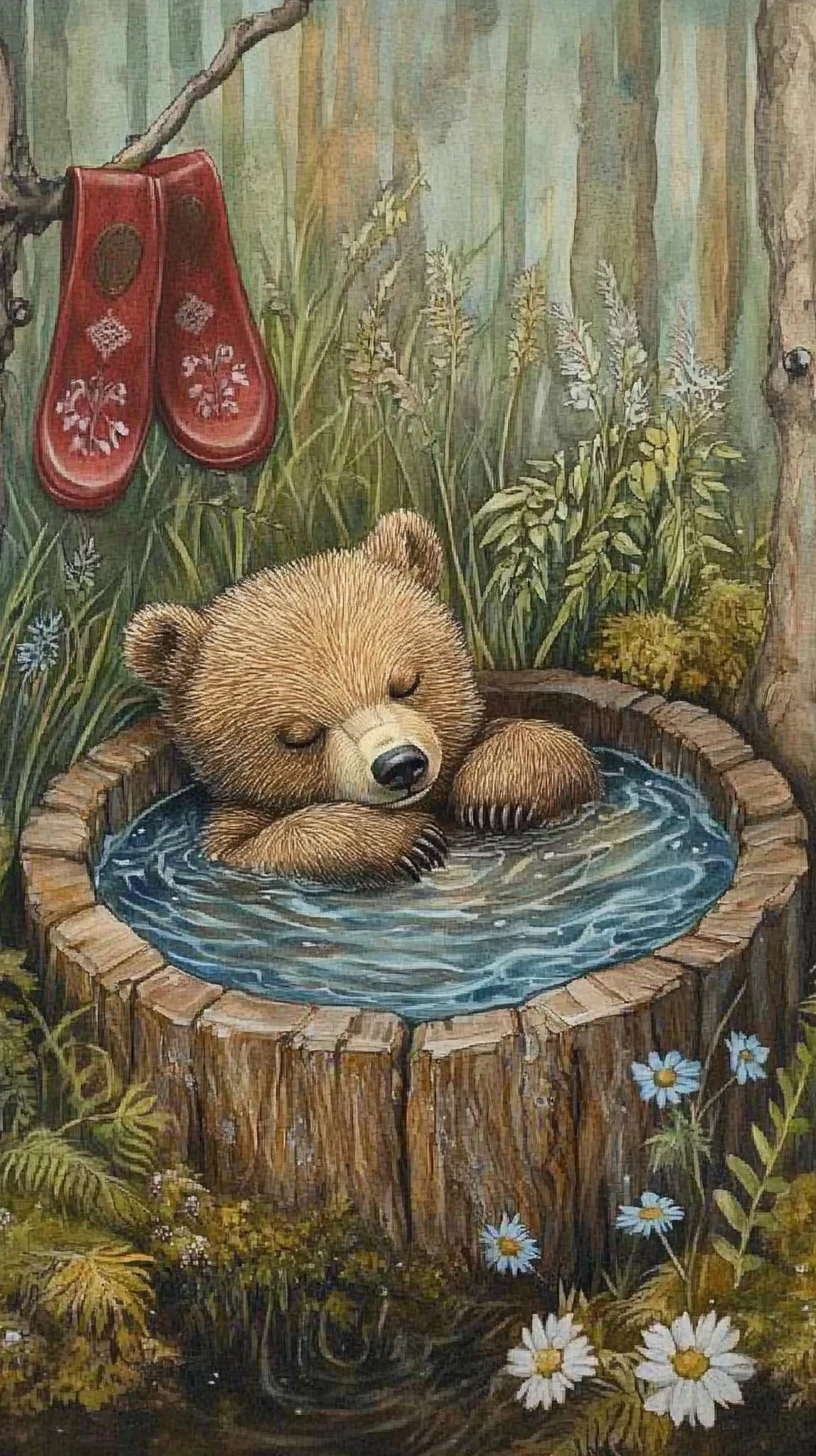Bear Cub Relaxing In A Wooden Forest Bath With Blue Water