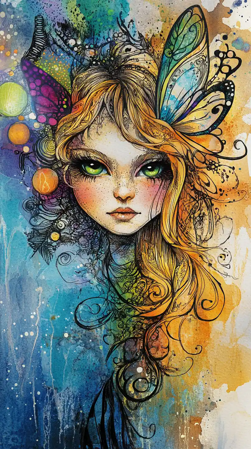 Whimsical bohemian fairy portrait in colorful mixed media