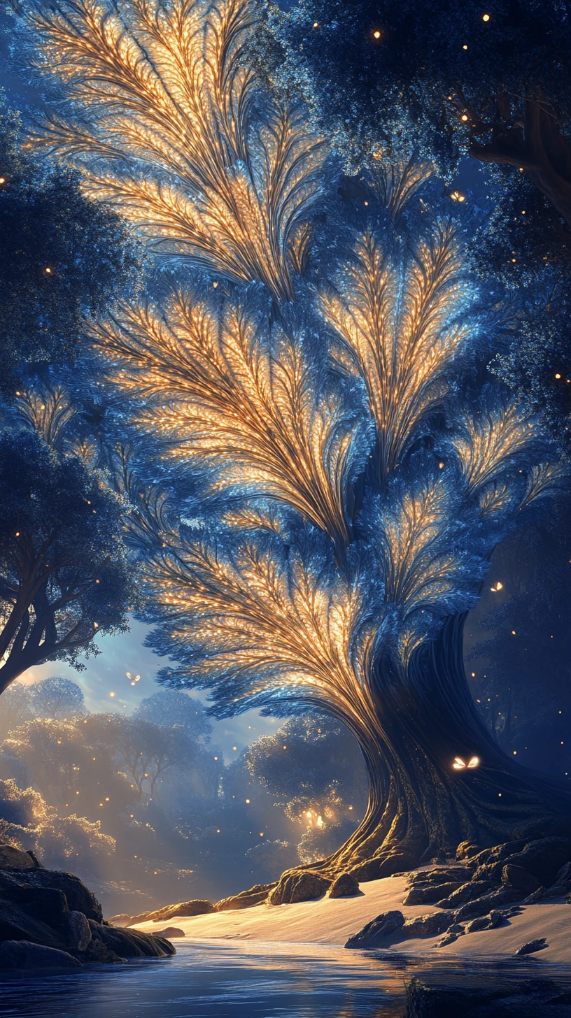 Glowing Fantasy Trees Above A Misty Blue Canyon Stream