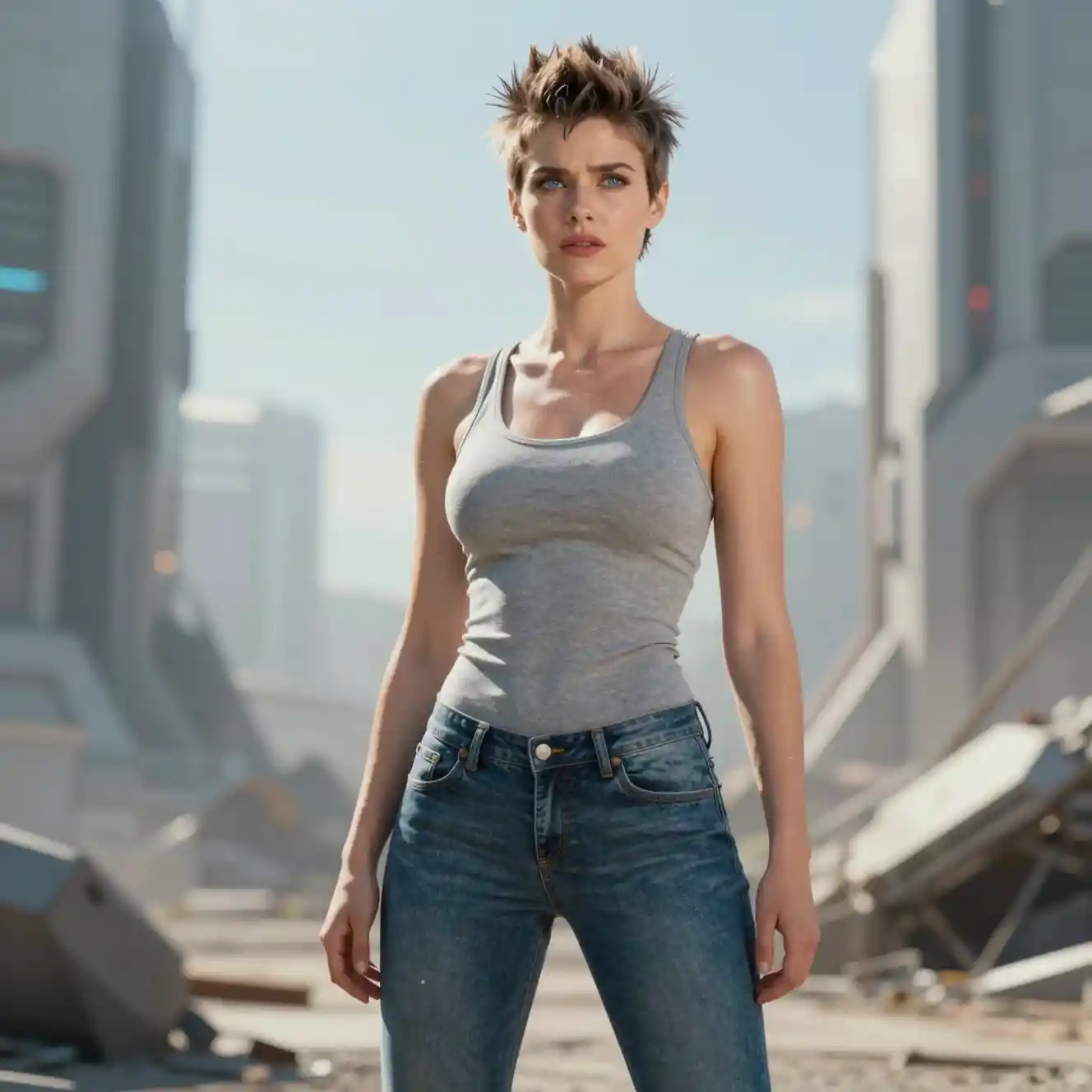 Tough woman in jeans standing over a futuristic battlefield