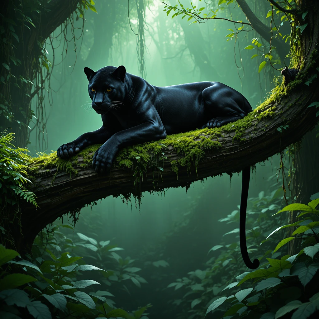 Pantera negra descansando em galho de árvore coberto de musgo na selva