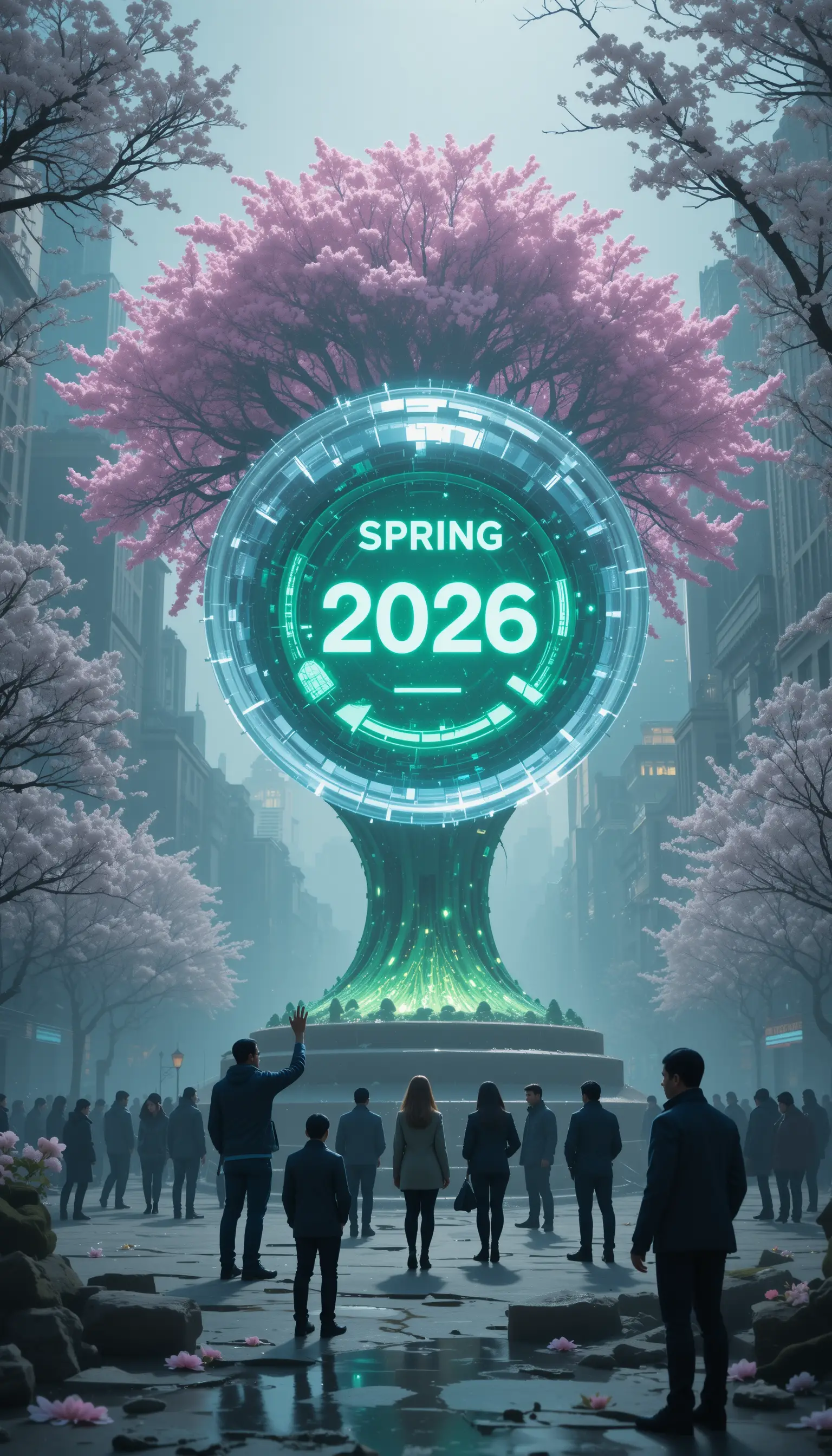 People touch a giant reset button in a city spring rebirth