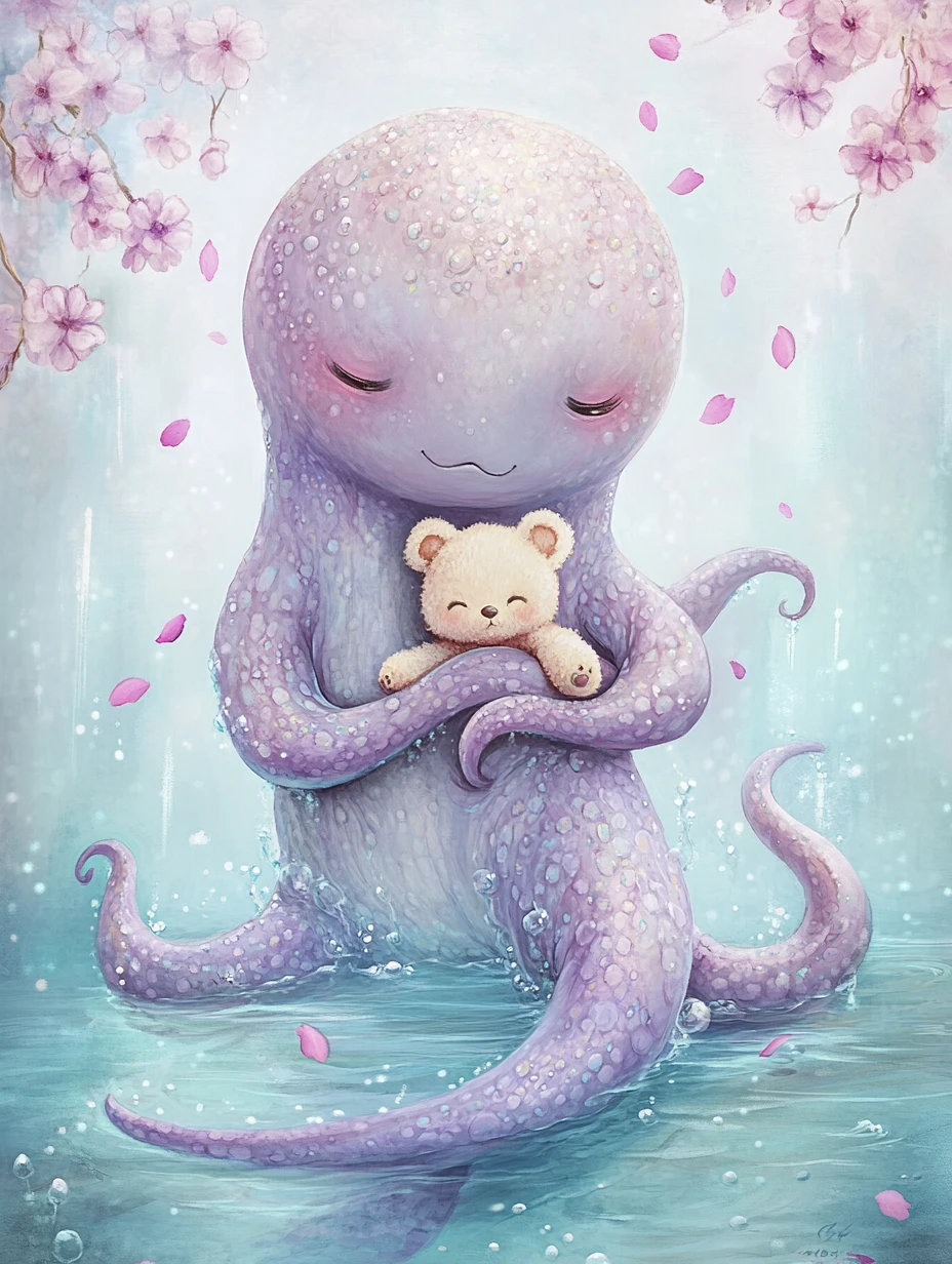 Tiny pastel kraken cuddling a teddy bear in shallow water