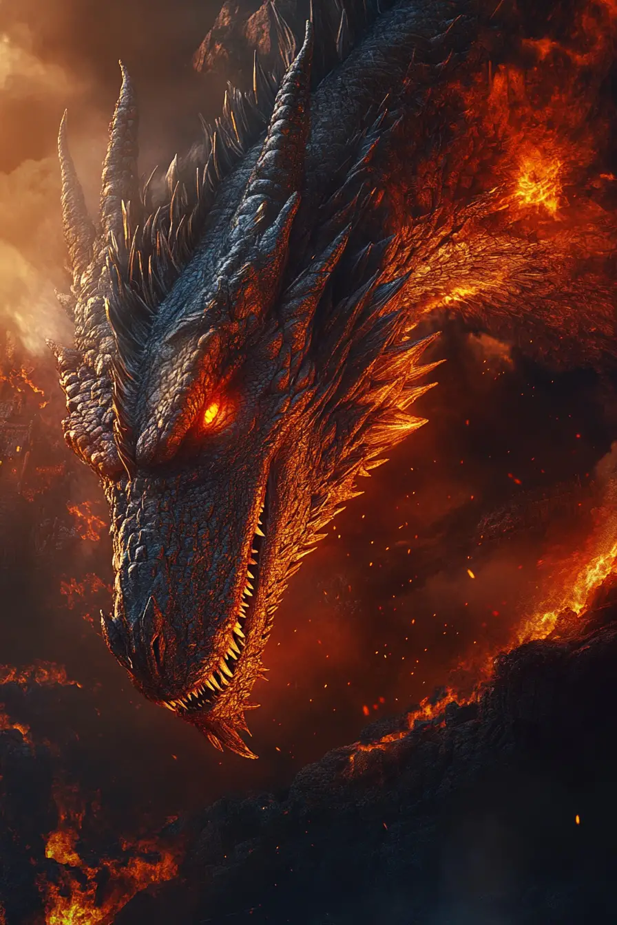 Massive dragon resting in a burning medieval kingdom