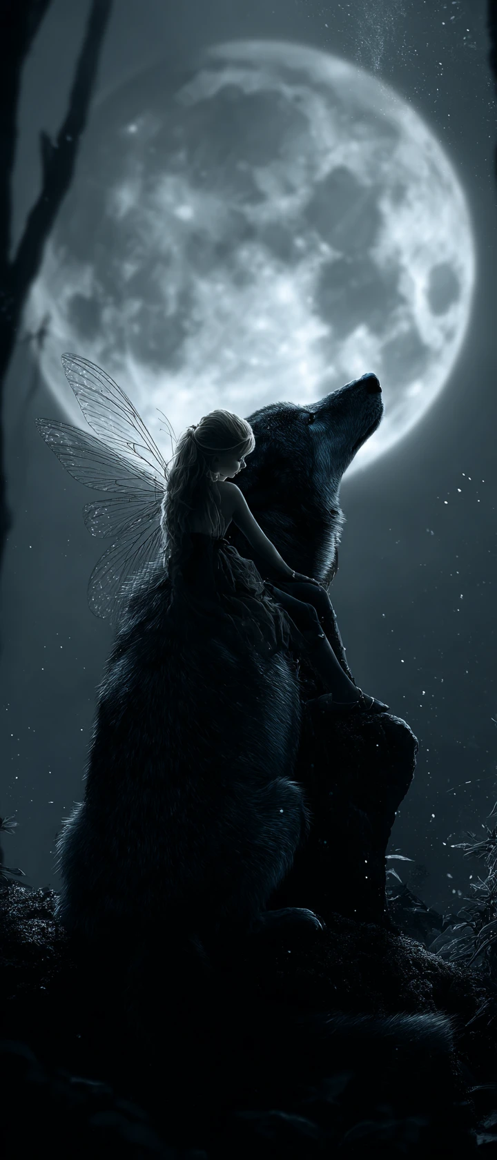 Lobo e fada sob uma lua cheia luminosa na floresta