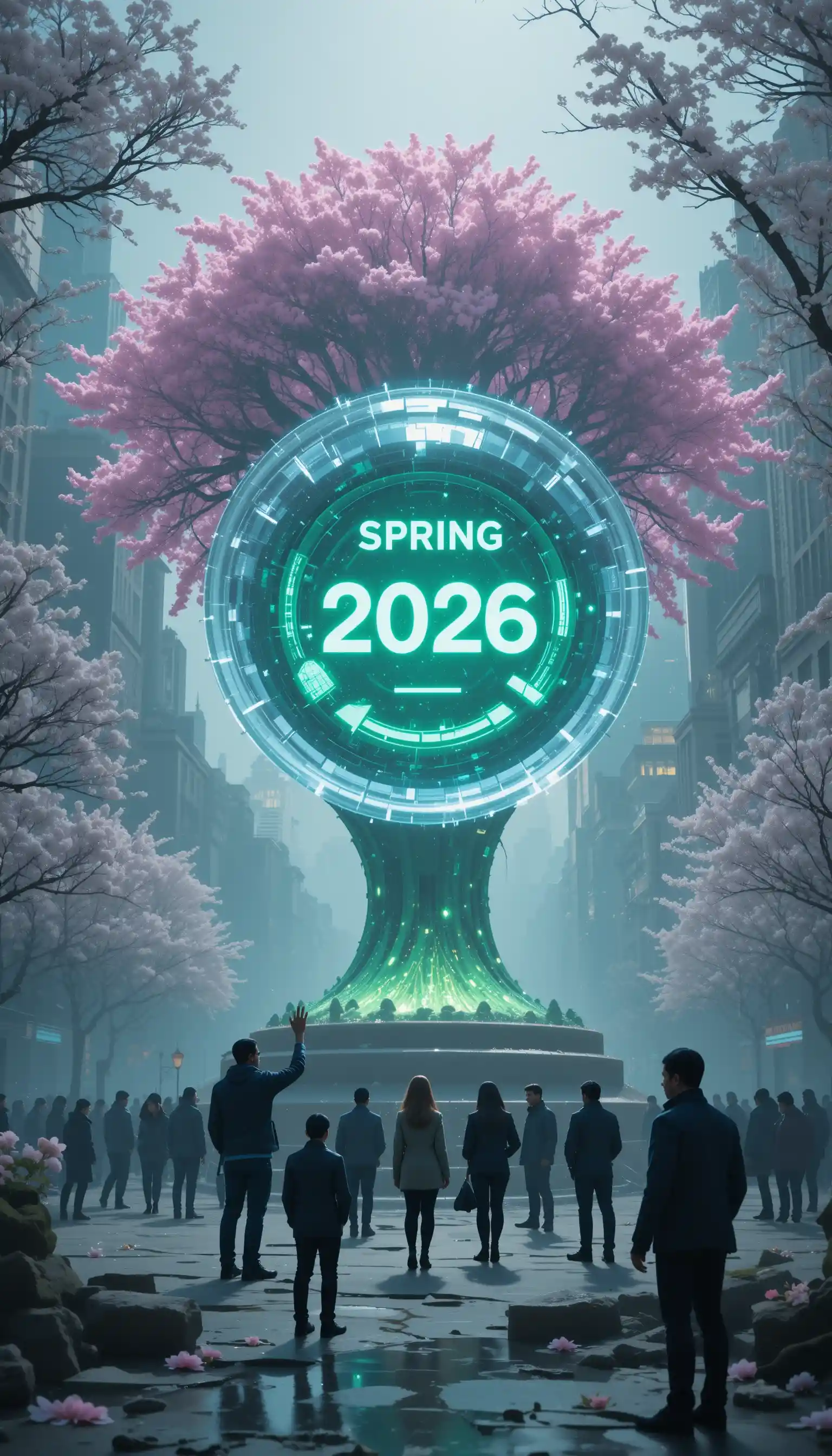 People touch a giant reset button in a city spring rebirth