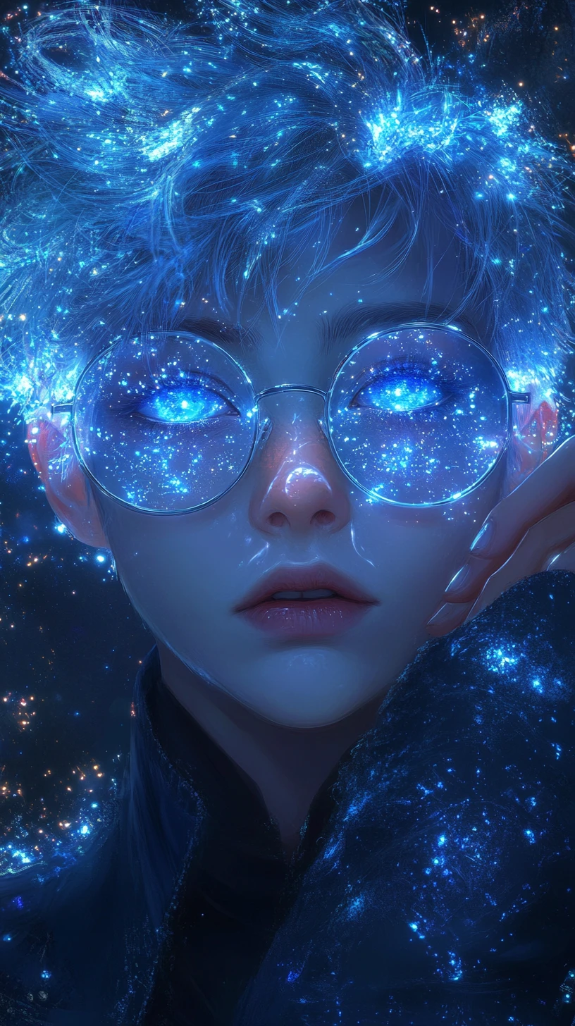 Anime boy with glowing blue hair in a cosmic aura