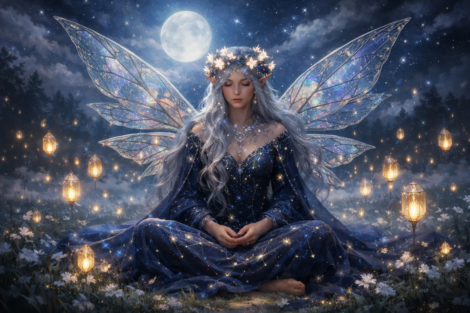 Enchanteresse féerique au clair de lune reposant dans une prairie silencieuse