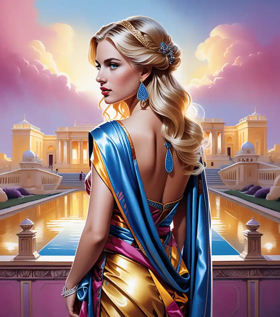 Roman princess in a regal toga gown at twilight