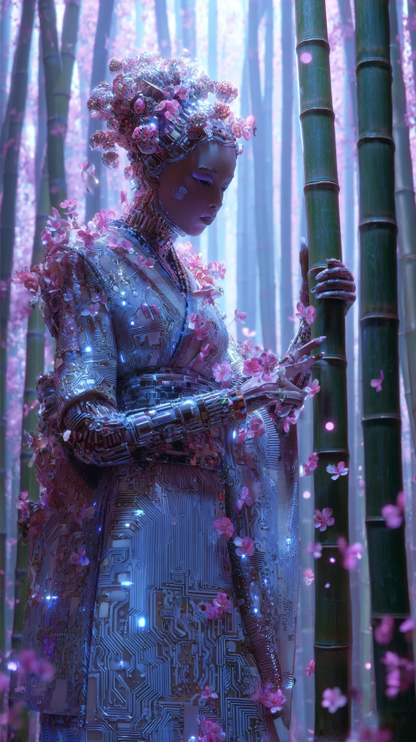 Cyborg-Geisha im Kimono in einem Bambuswald