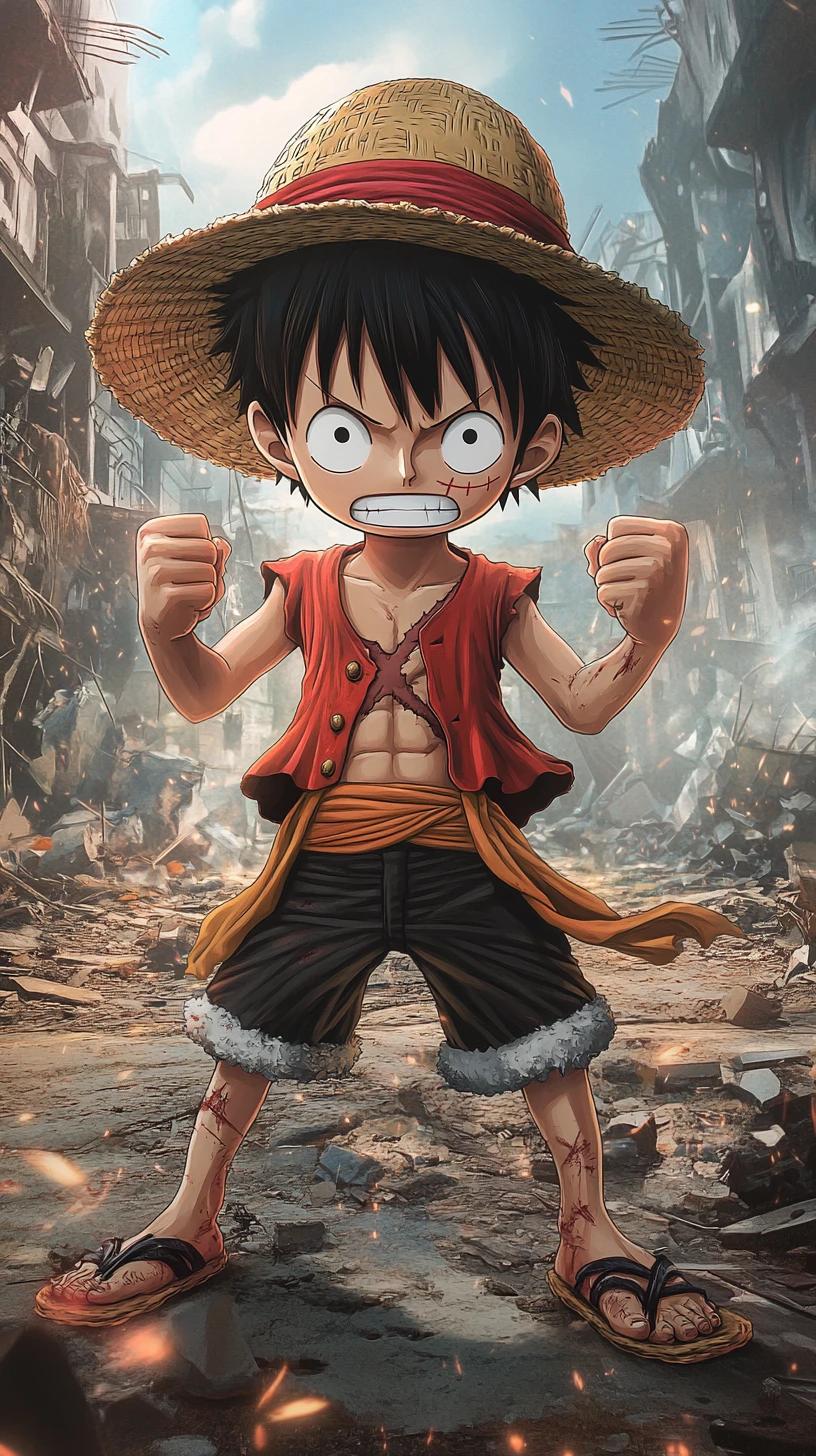 Angry chibi boy in ruins under dramatic backlight
