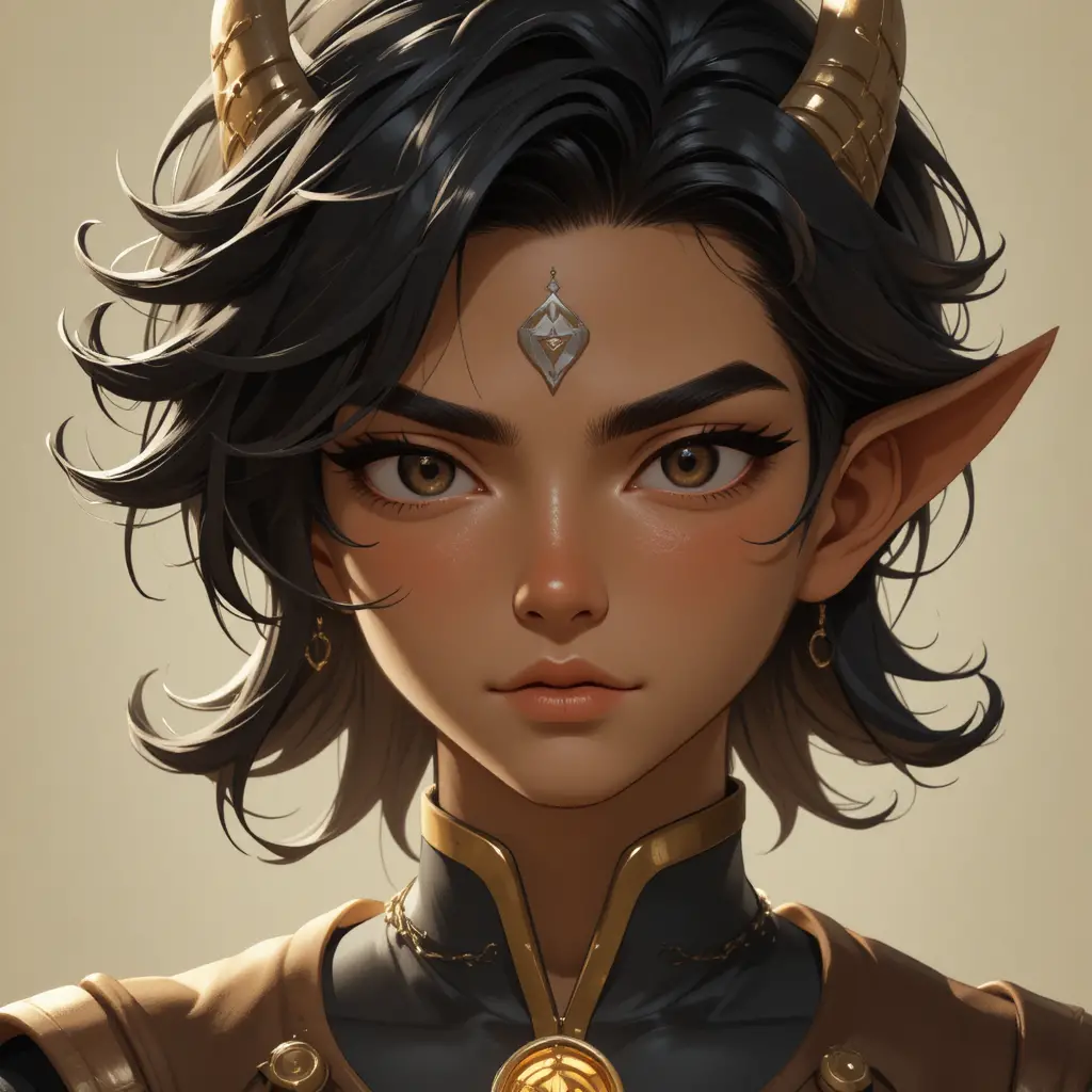 Young male eliatrope character with amber eyes and glowing symbol