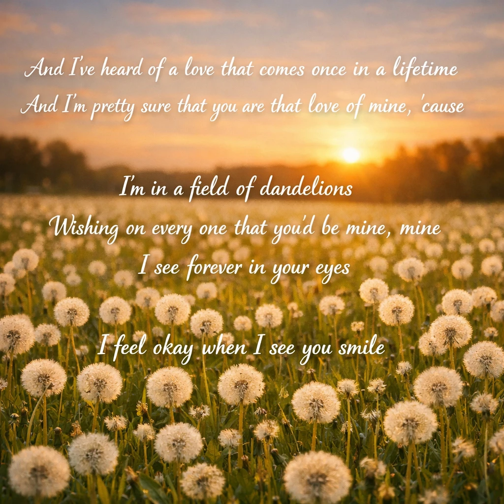 Field of dandelions with romantic cursive song lyrics