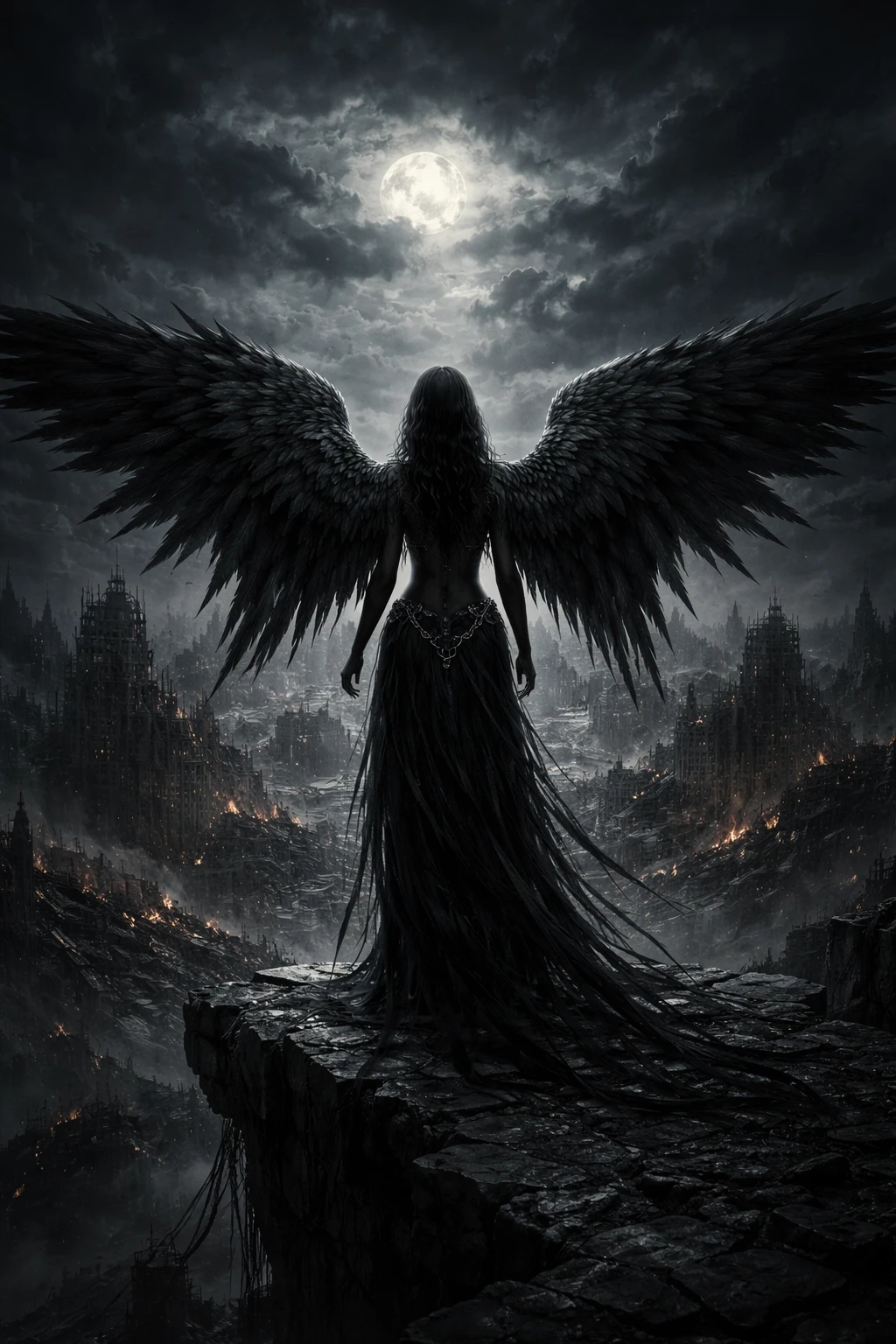 Dark winged angel overlooking a ruined apocalyptic city