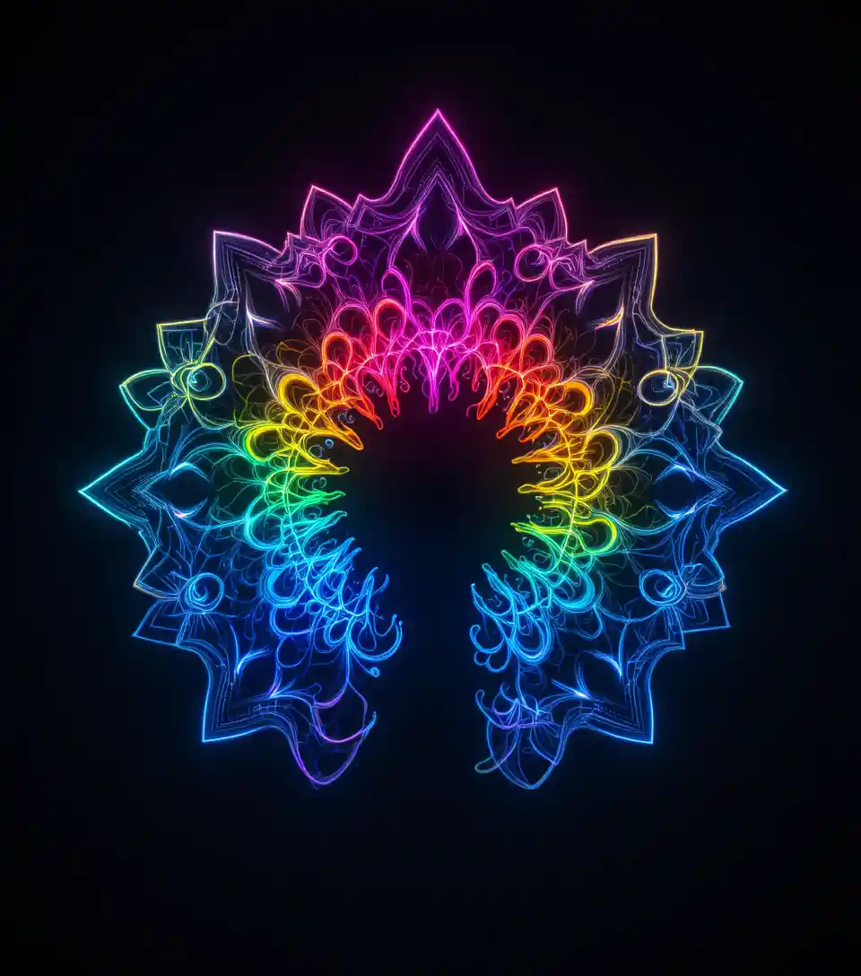 Fractal rainbow design radiating endlessly from a central point