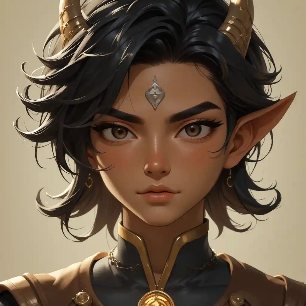 Young male eliatrope character with amber eyes and glowing symbol