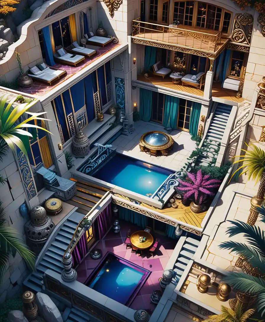 Luxury stone villa interior in a serene fantasy mountain world