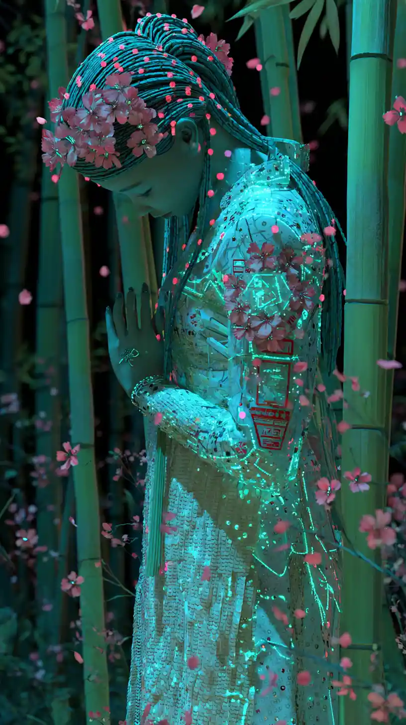 Cyborg geisha in kimono amid glowing bamboo forest