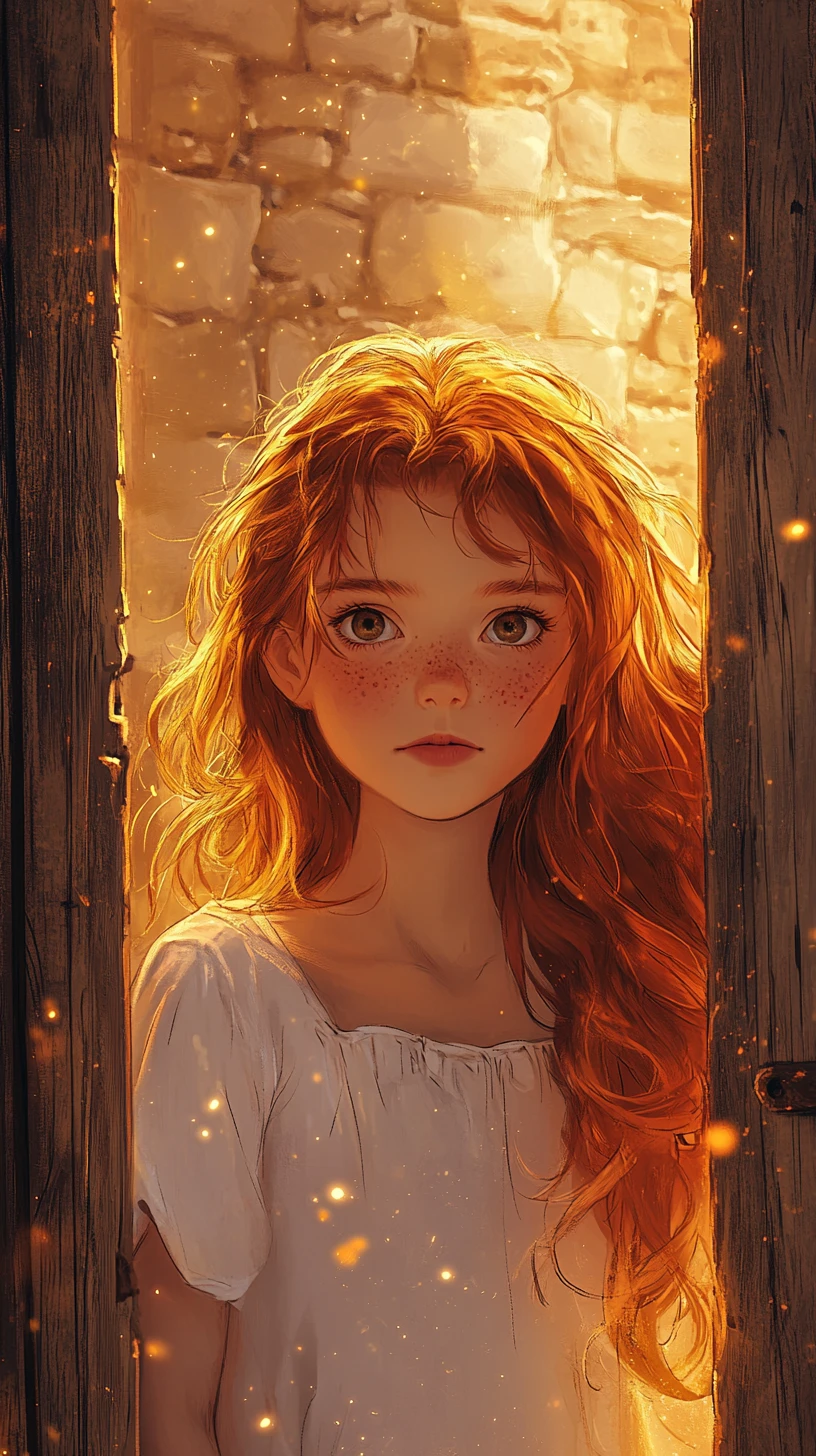 Ragazza anime accanto alla porta di un vecchio fienile nella luce dorata del sole
