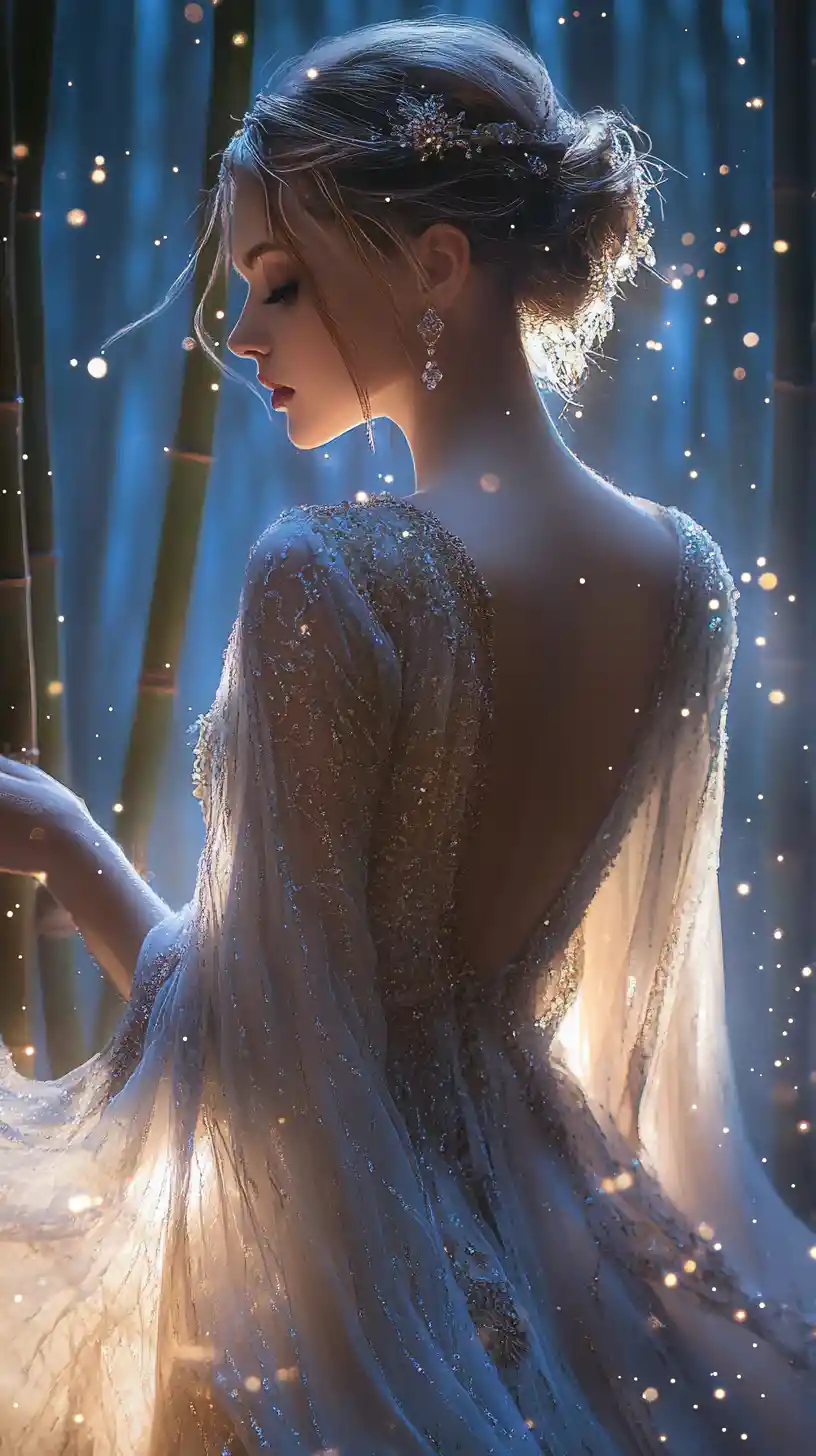 Ethereal woman in glowing bamboo forest at night