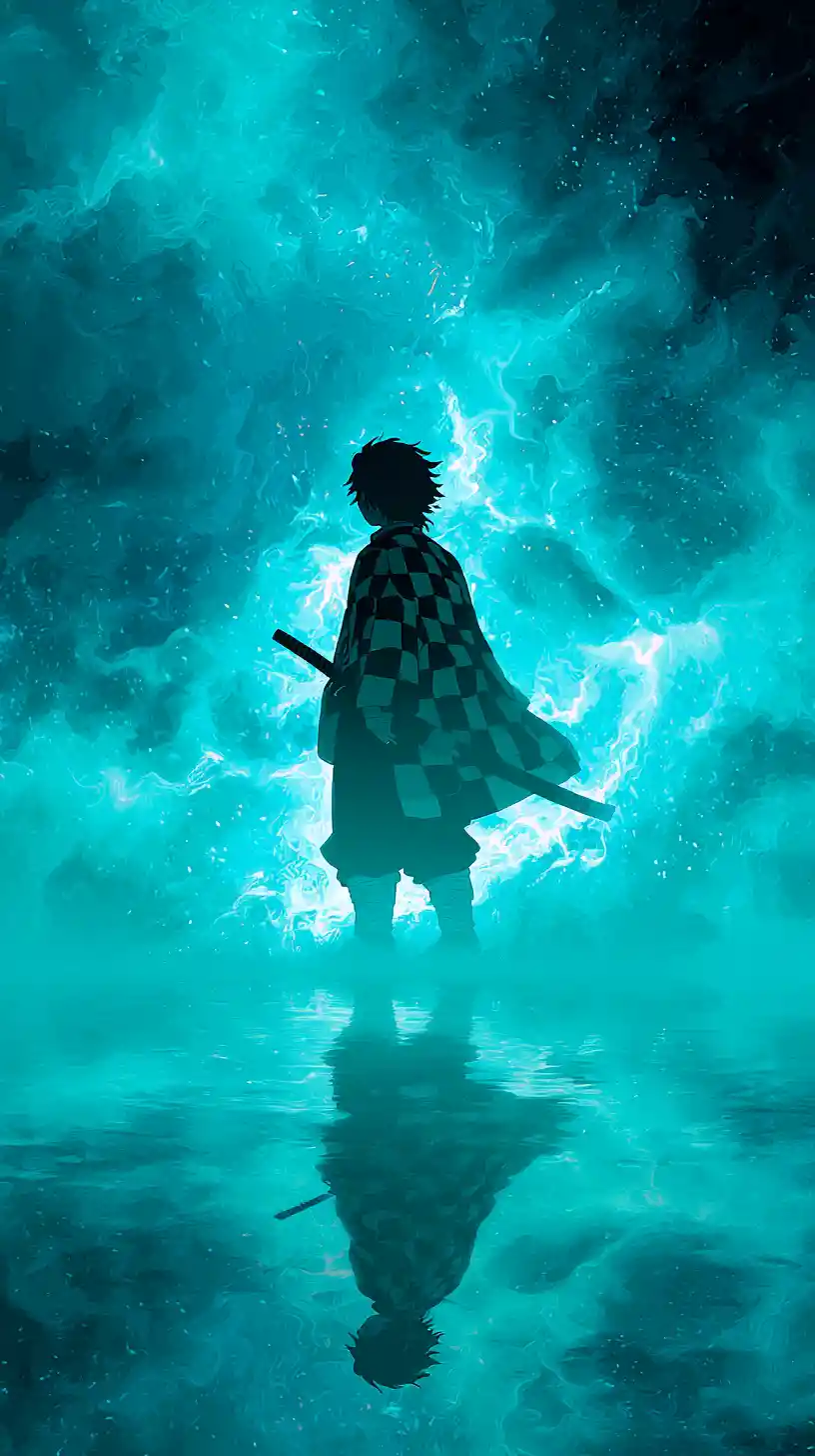 Anime swordsman in a glowing turquoise ethereal realm