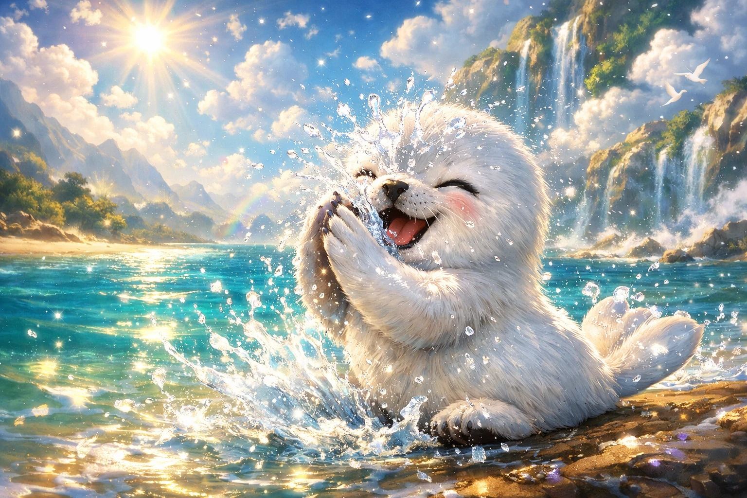 Cucciolo di foca giocherellone che batte le pinne su una spiaggia soleggiata