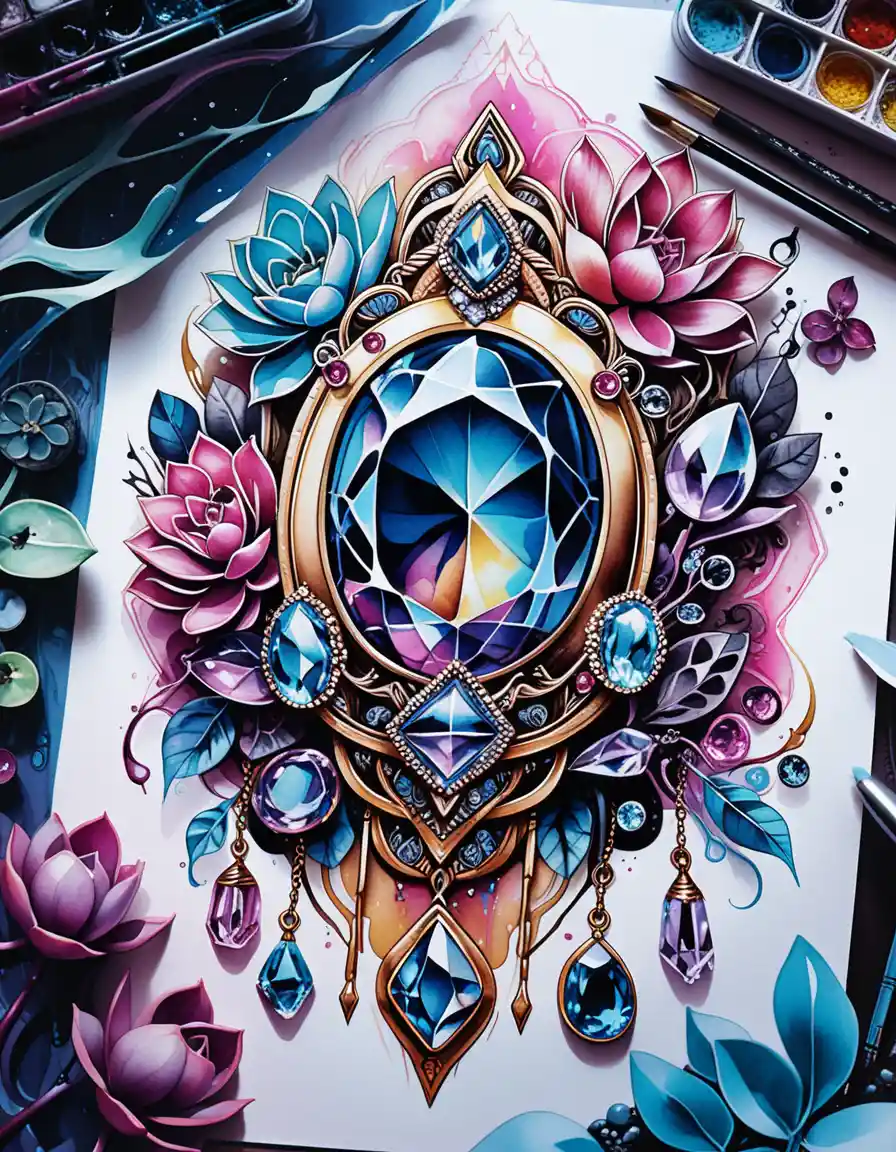 Bohemian gemstone jewelry with neon crystal succulents illustration