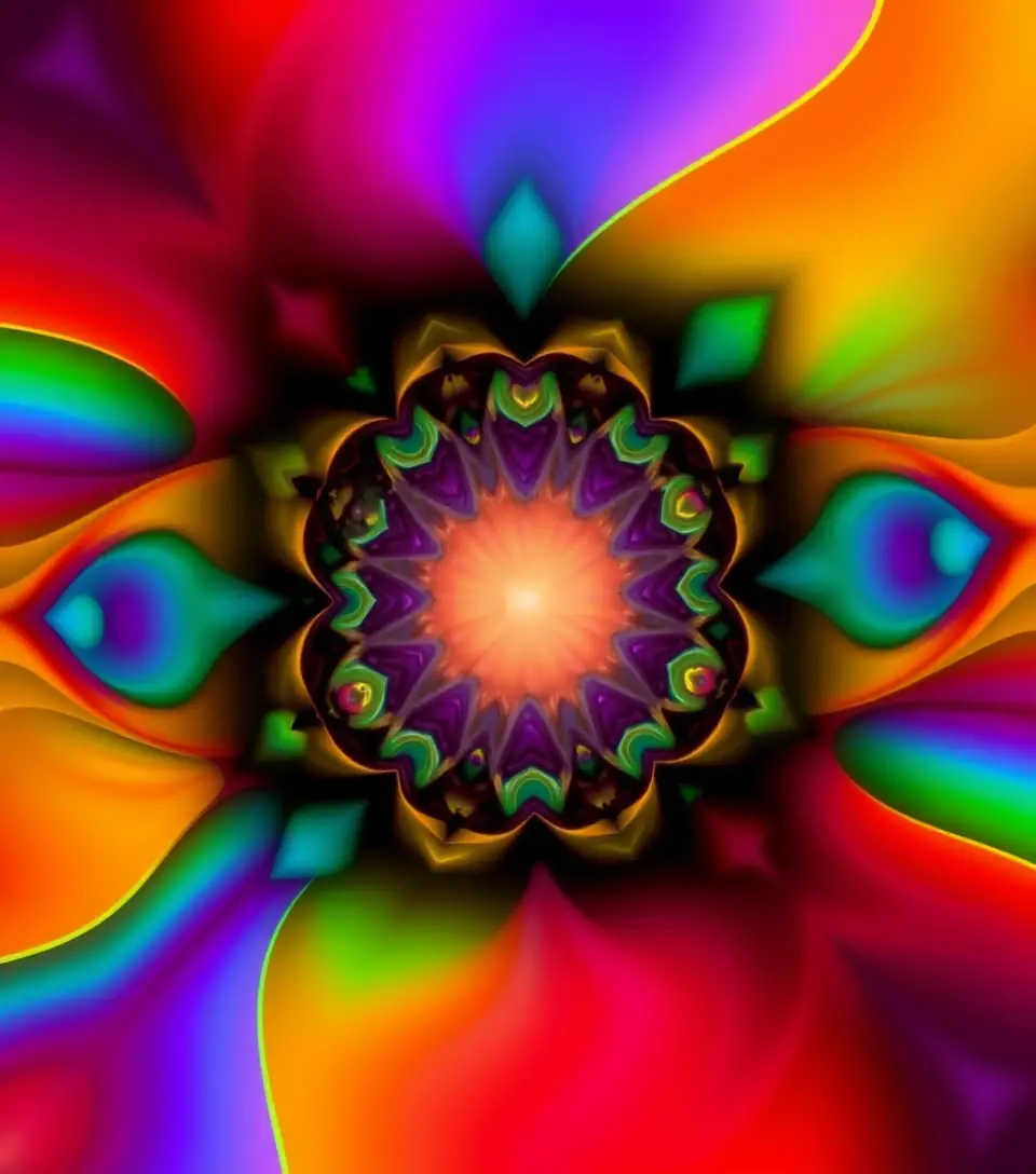 Fractal rainbow shapes radiating from a glowing central point