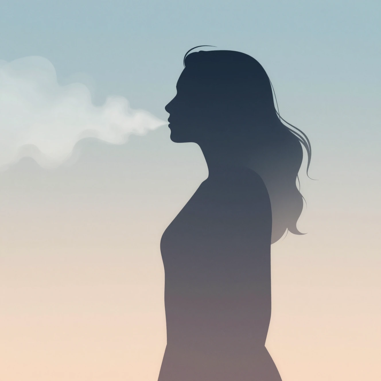 Woman silhouette in profile exhaling soft dimensional mist