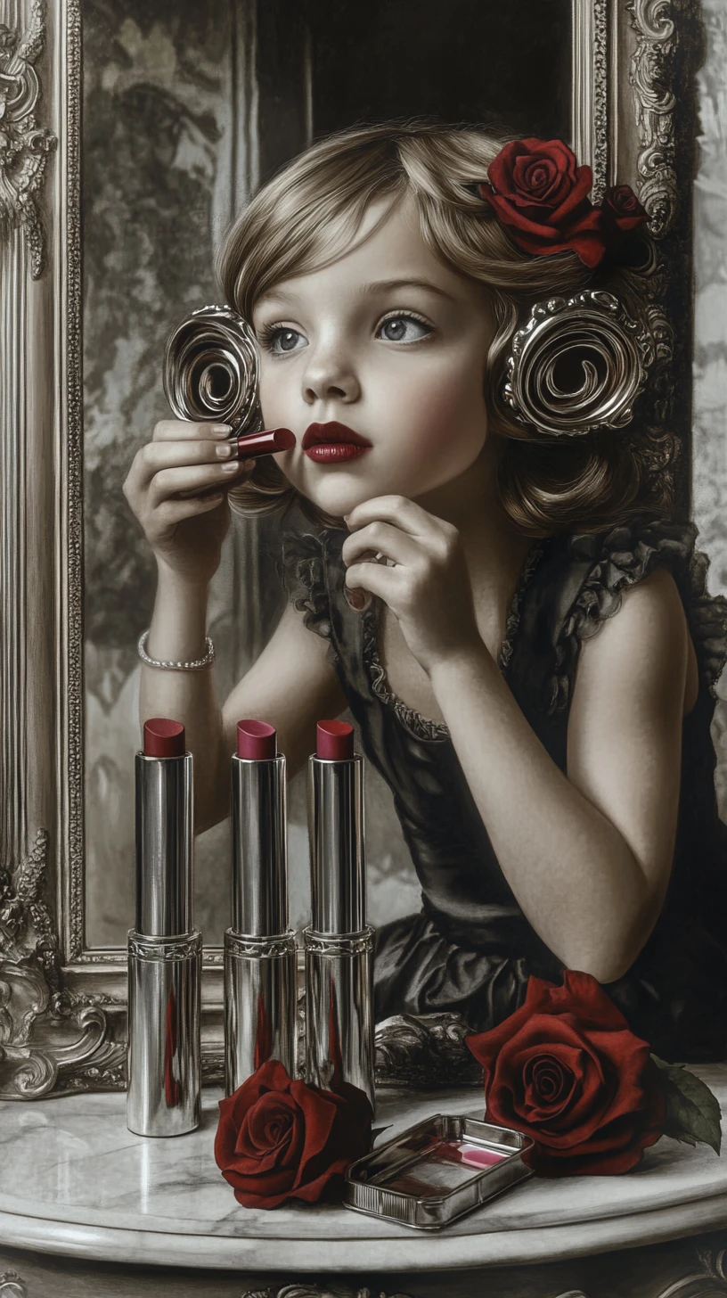 Ragazza che si mette il rossetto allo specchio in un ritratto nostalgico in scala di grigi