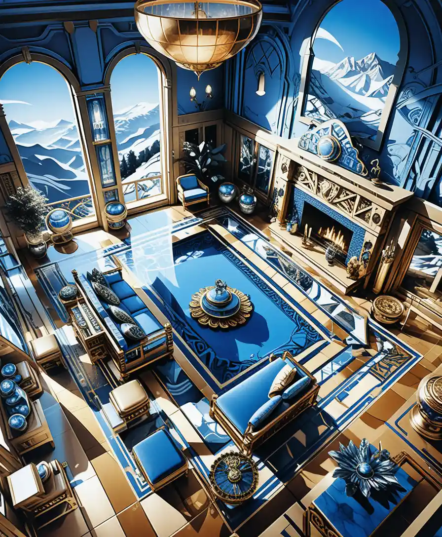 Isometric luxury villa interior in a serene mountain landscape