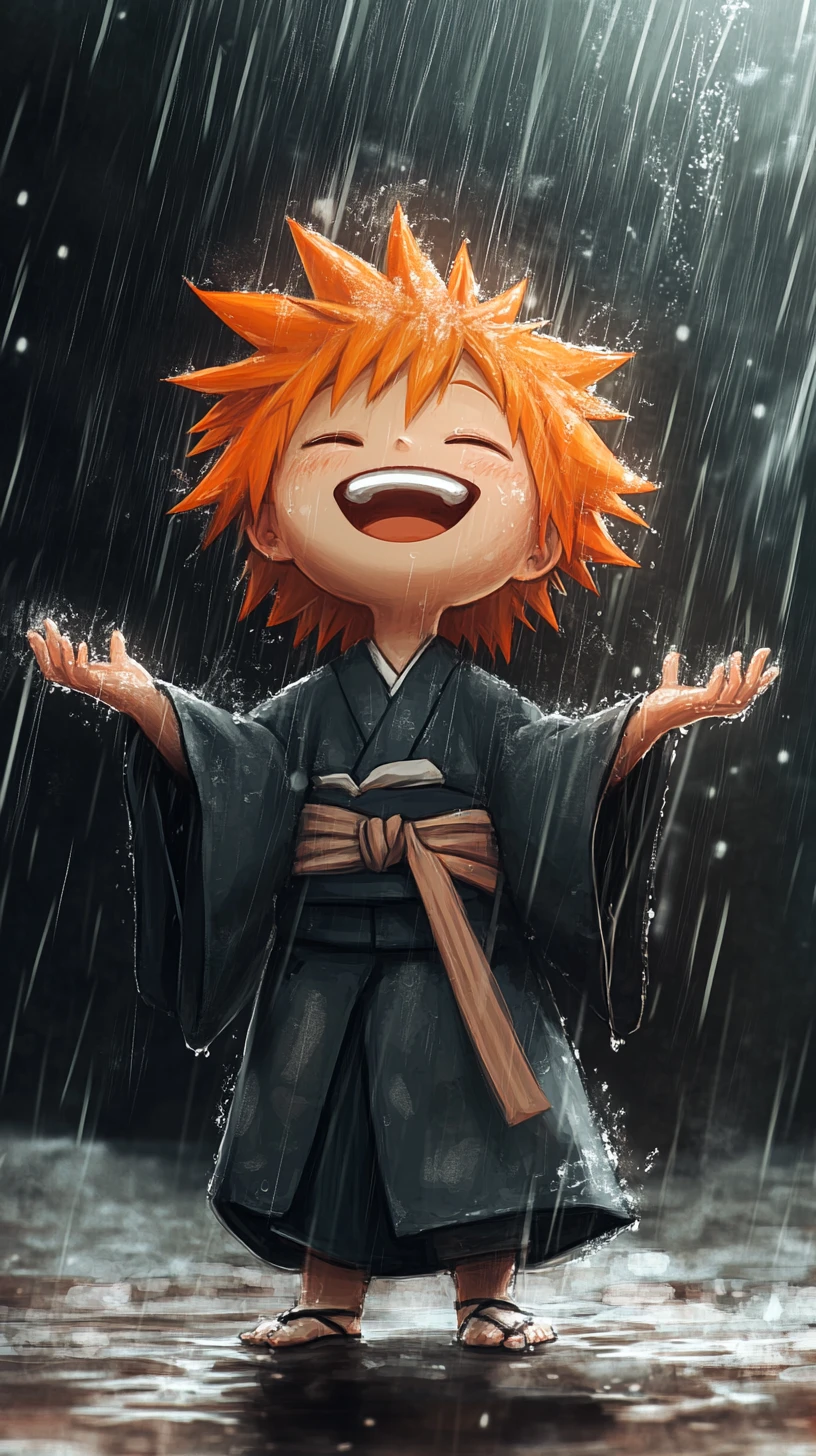 Niño chibi alegre sonriendo bajo la lluvia de noche