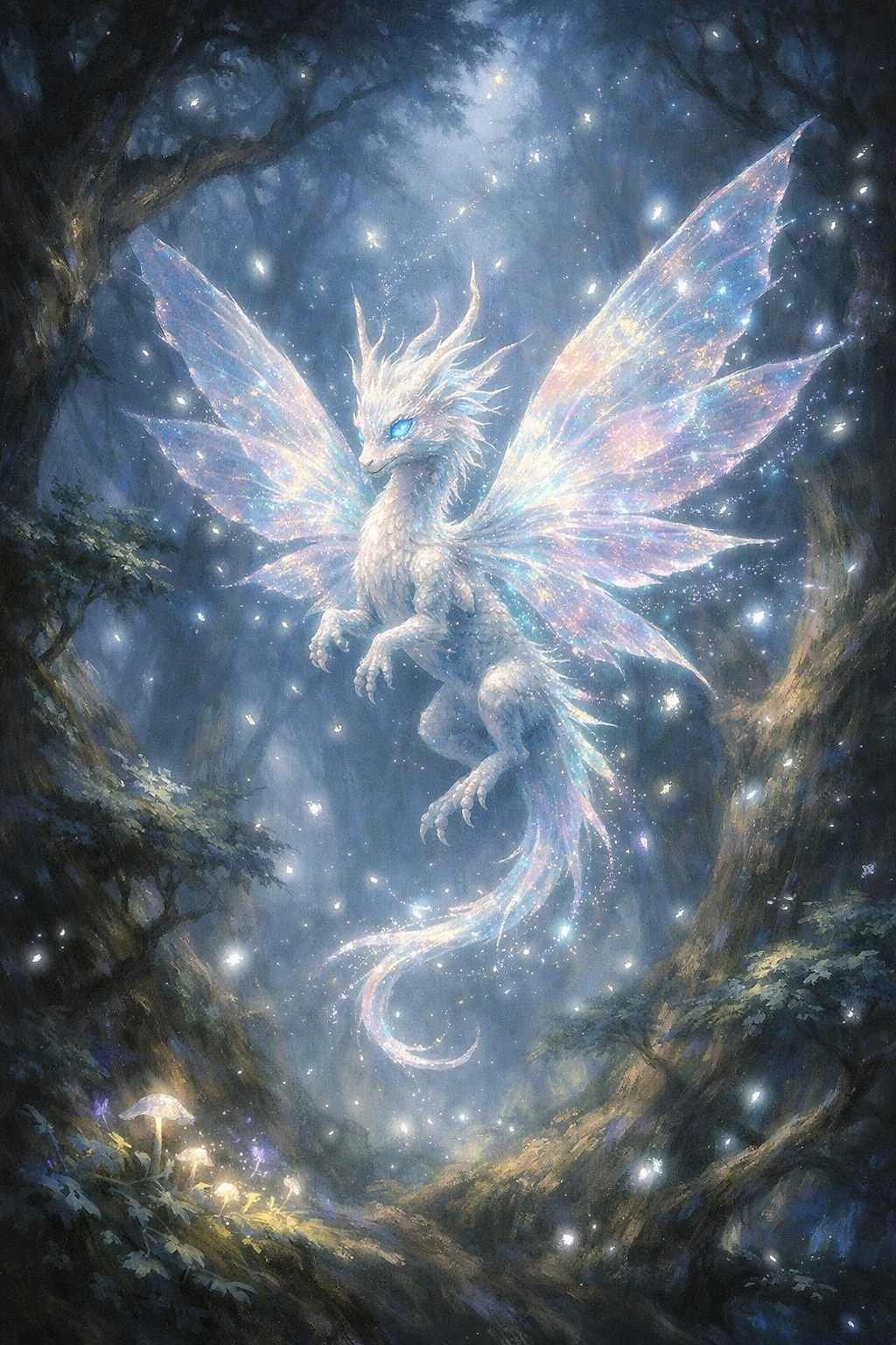Glowing Fairy Dragon Floating In A Mystical Forest Night