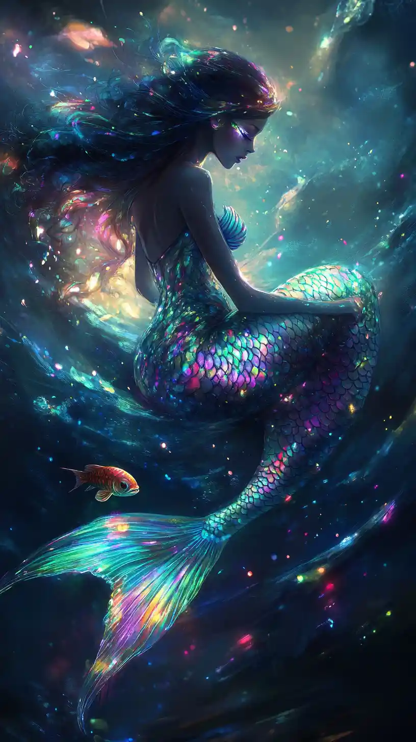 Mystical mermaid with glowing eyes in a dark ocean