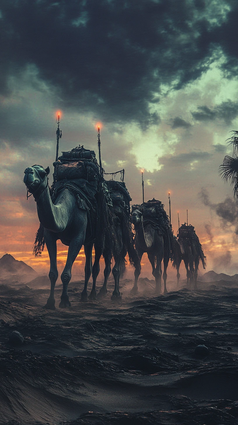 Caravana de camelos cruzando um deserto amaldiçoado ao entardecer