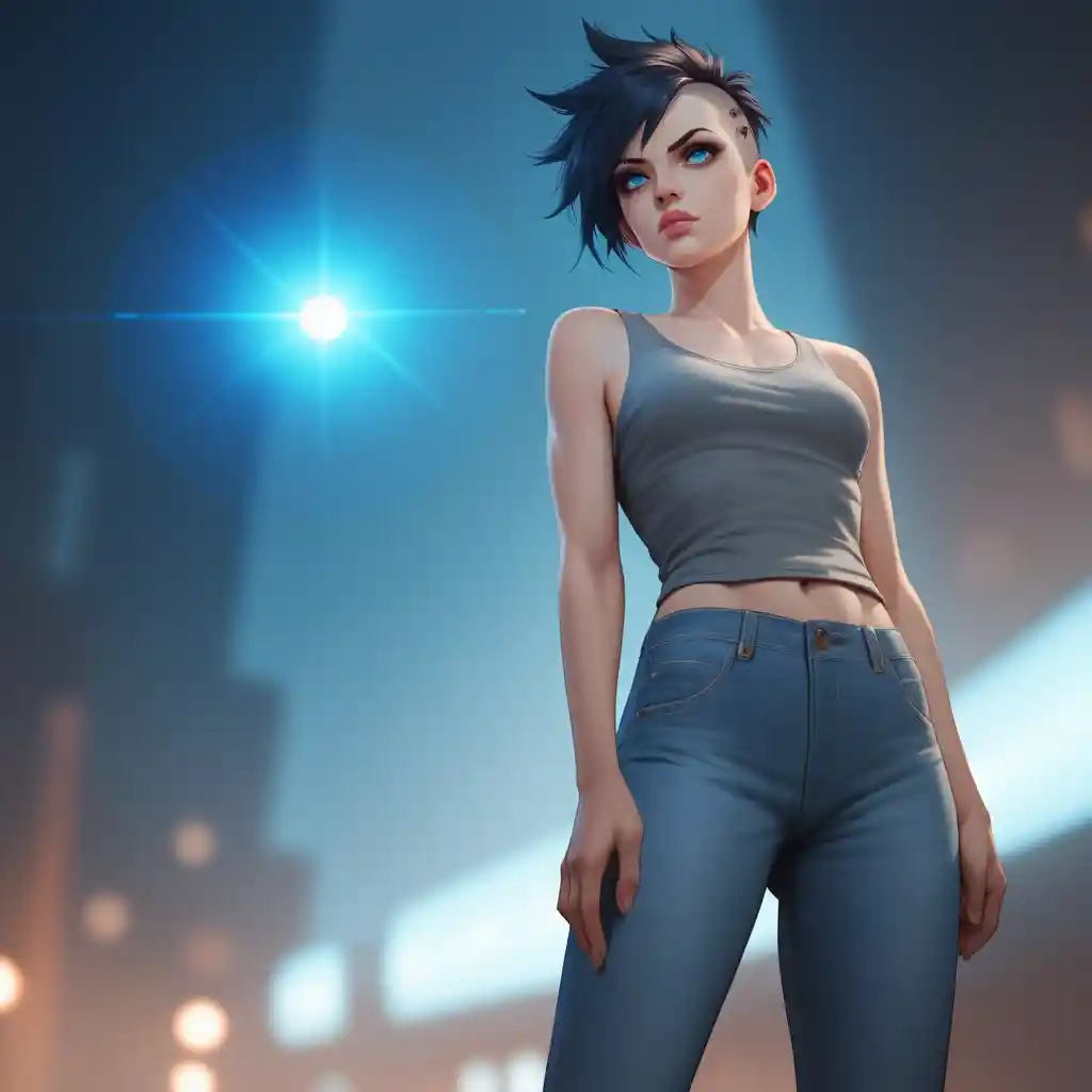 Donna tosta in jeans su un campo di battaglia futuristico illuminato dal sole