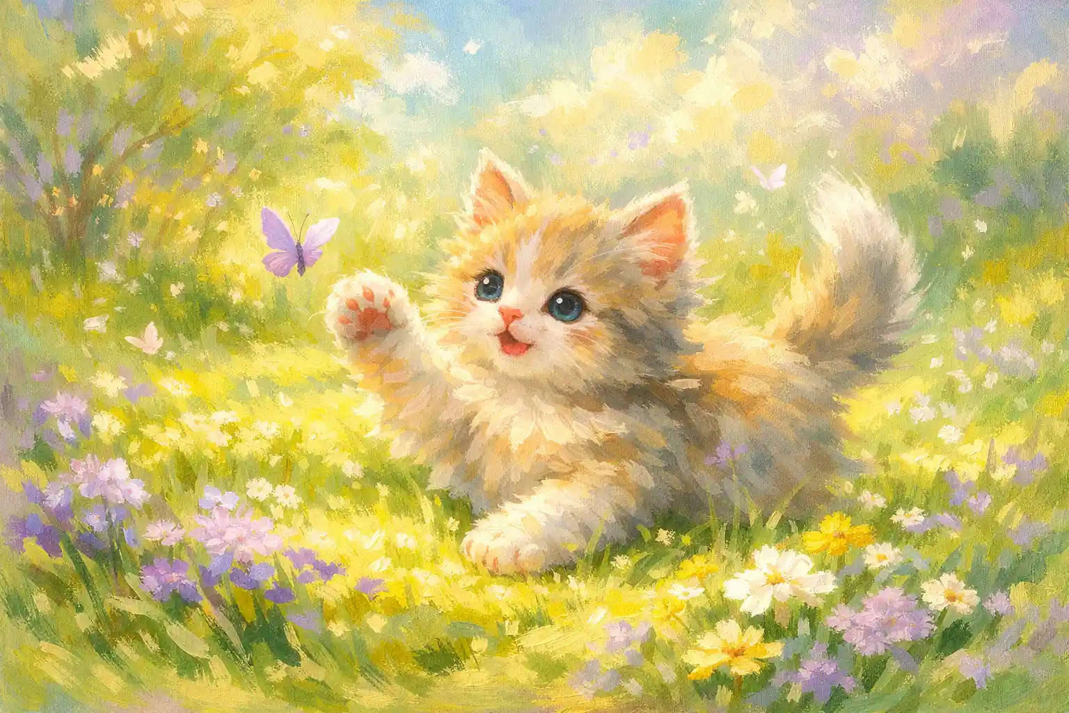 日なたの草原で遊ぶふわふわ子猫のアクリル画