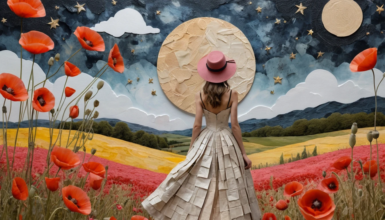 Bird with suitcase and hat in wildflower field