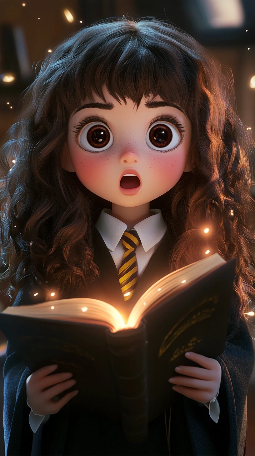 Chibi witch student with glowing spellbook portrait