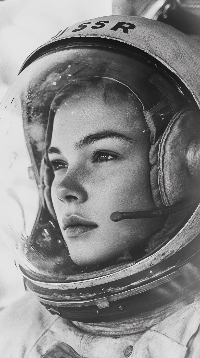 Pointillist close up of a Soviet woman in a space helmet
