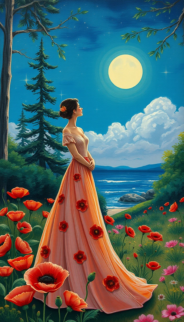 Elegante Frau in einem neonfarbenen Fantasy-Garten-Blumenfeld