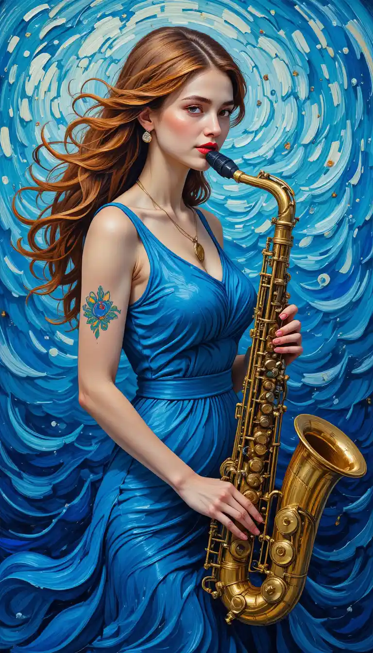 Young woman in blue dress playing saxophone painting