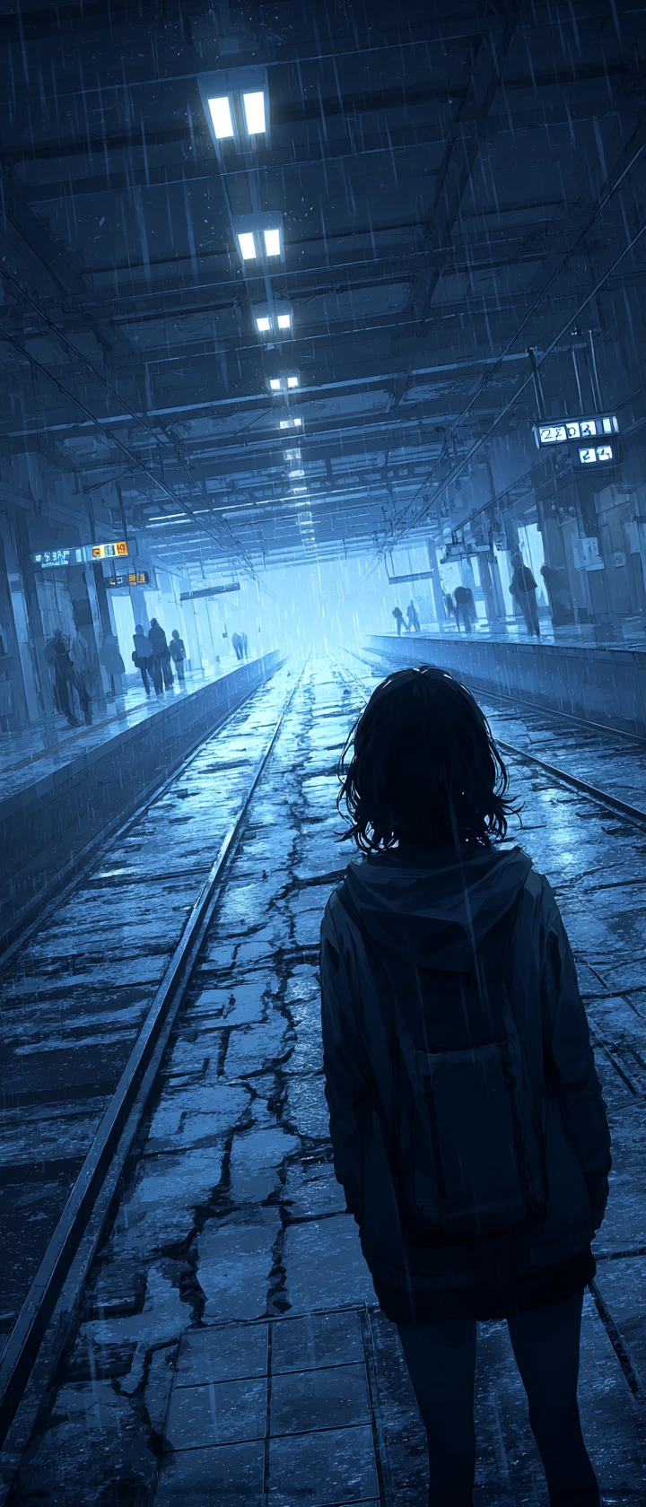 Lonely anime girl waiting on an empty midnight subway platform