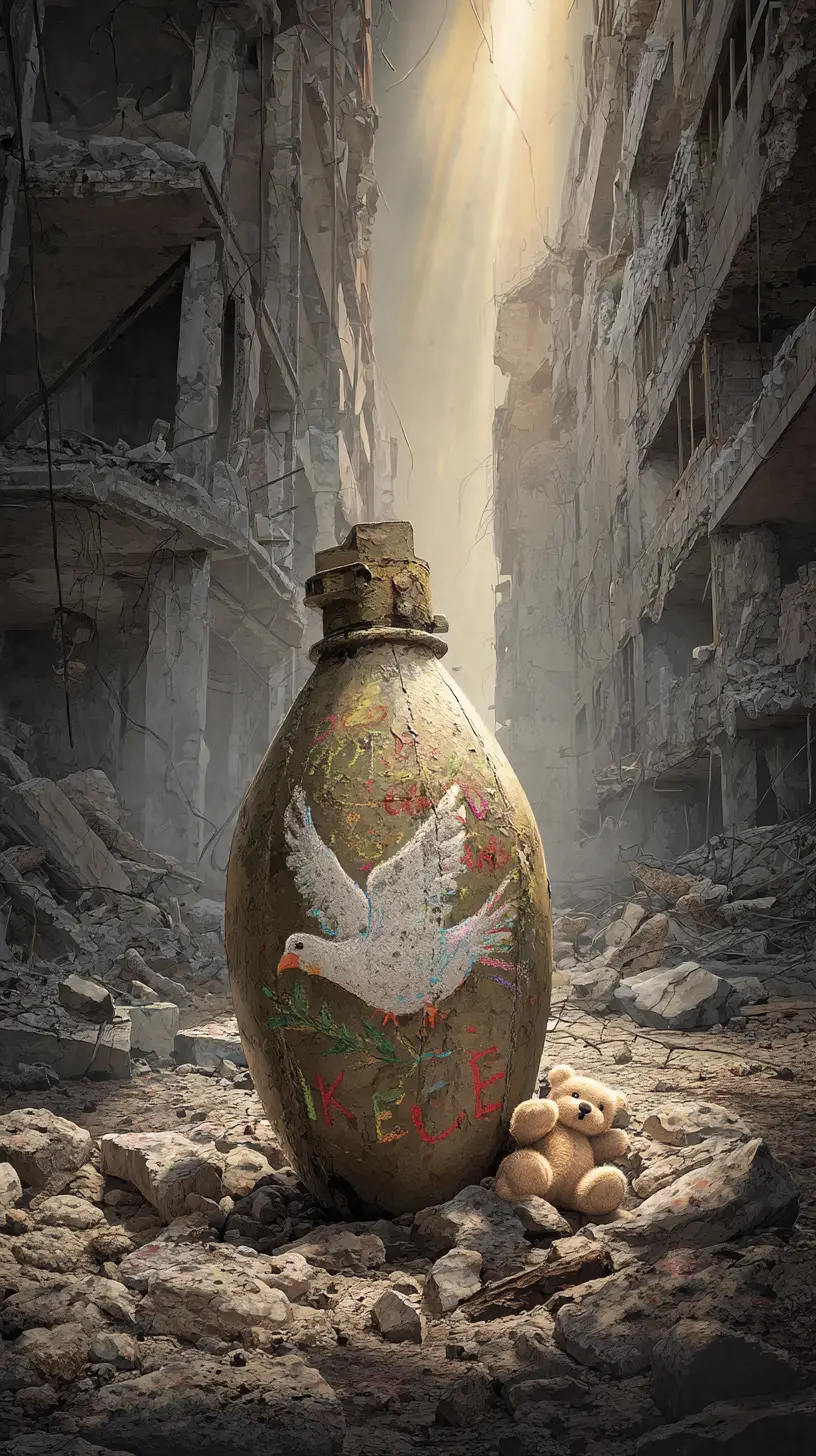 Unexploded bomb and teddy bear in ruined city light