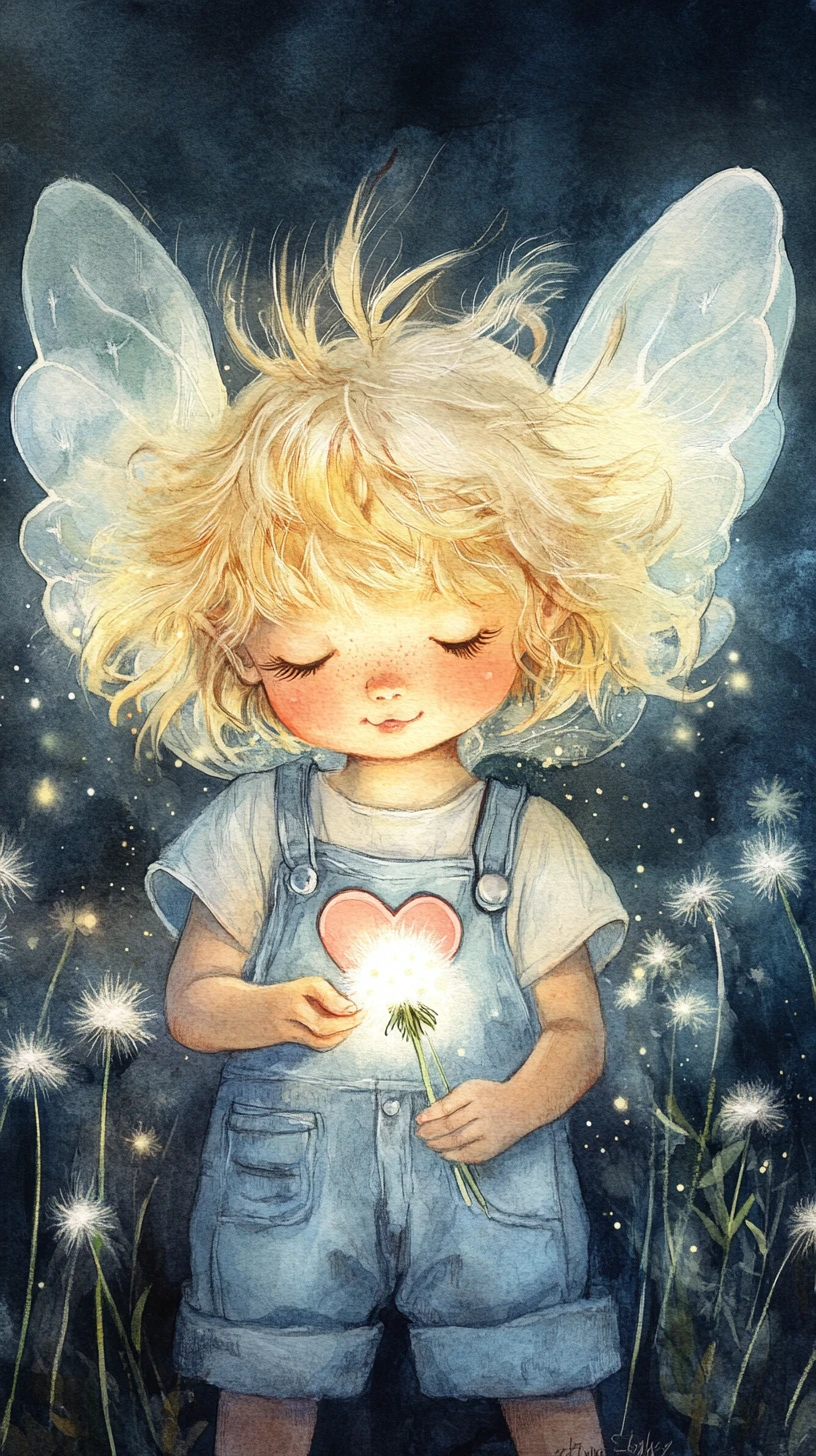 Tiny fairy child blowing glowing dandelion seeds in pastel watercolor