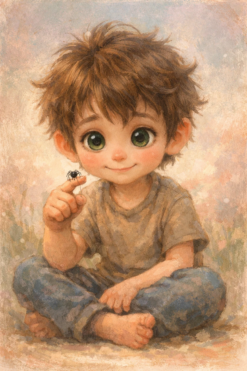 Curious boy holding a tiny spider in soft pastel scene
